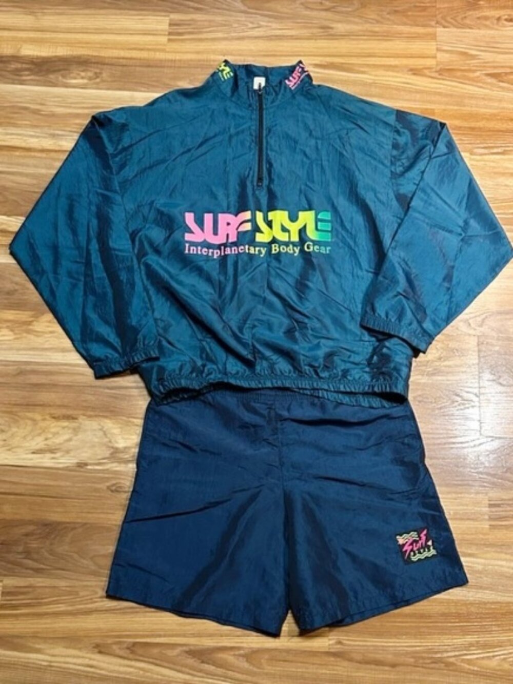 Vintage Retro 90s Surf Style Iridescent Blue Nylon Pullover Jacket and Shorts
